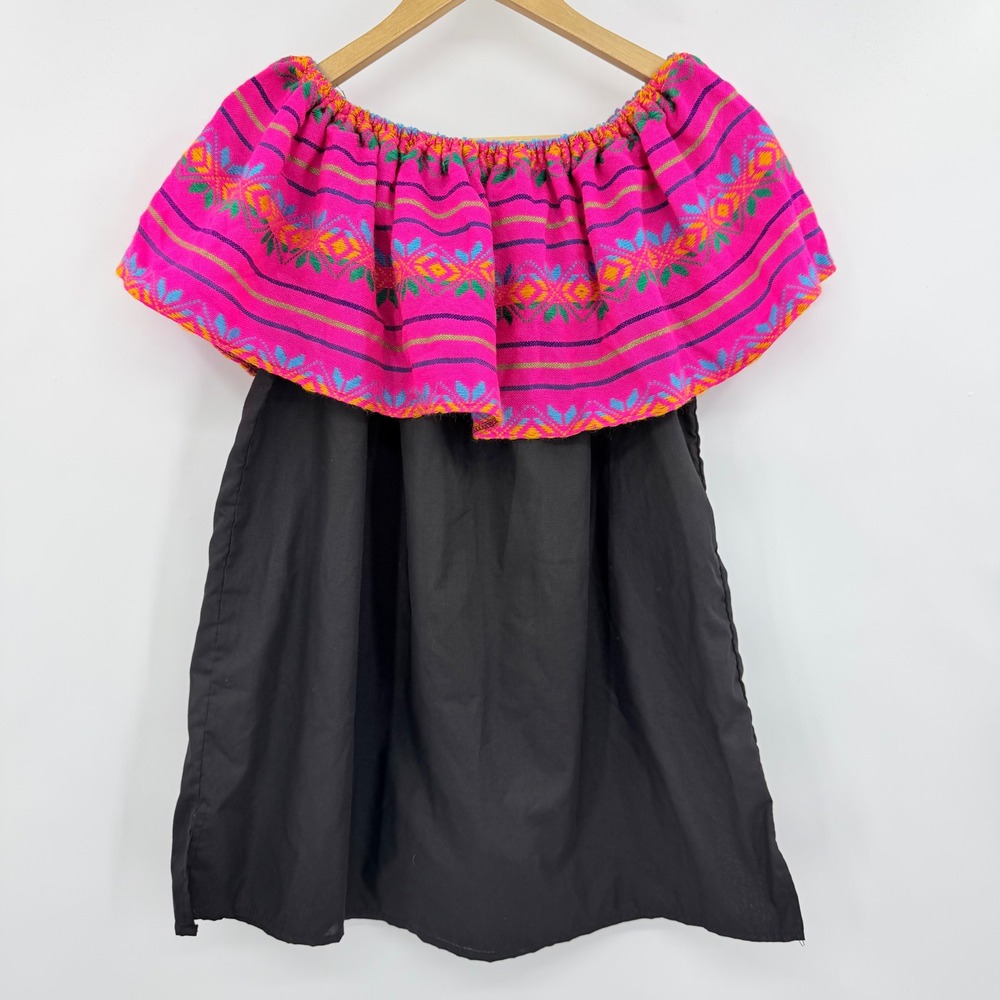 Handmade Mexican Campesina Blouse Womens L Black Pink Woven Ruffle Off Shoulder